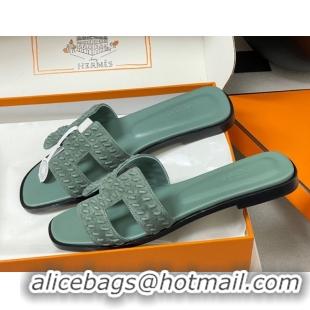 Cheap Price Hermes Classic Oran Flat Slides Sandal in Braided Suede Green 1023101