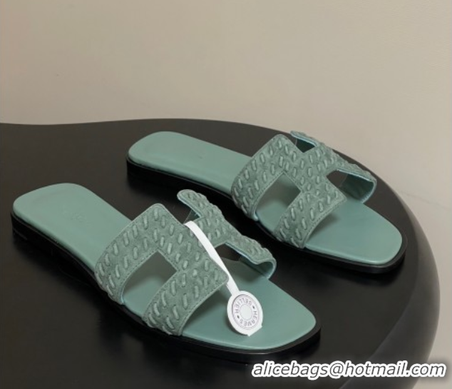 Cheap Price Hermes Classic Oran Flat Slides Sandal in Braided Suede Green 1023101