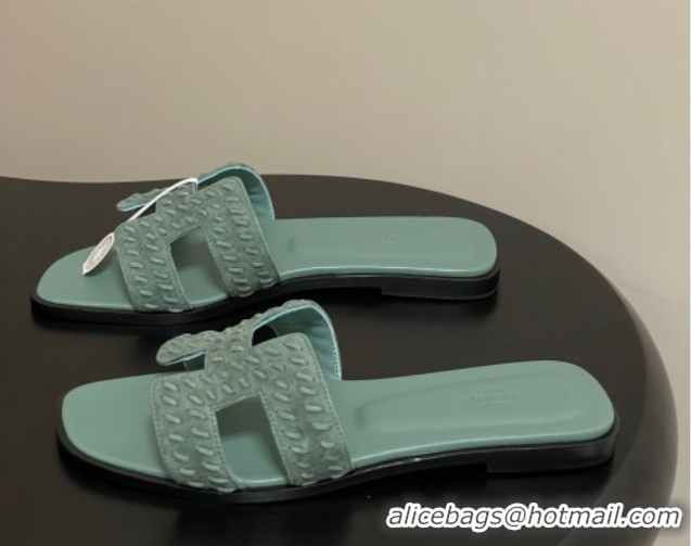 Cheap Price Hermes Classic Oran Flat Slides Sandal in Braided Suede Green 1023101