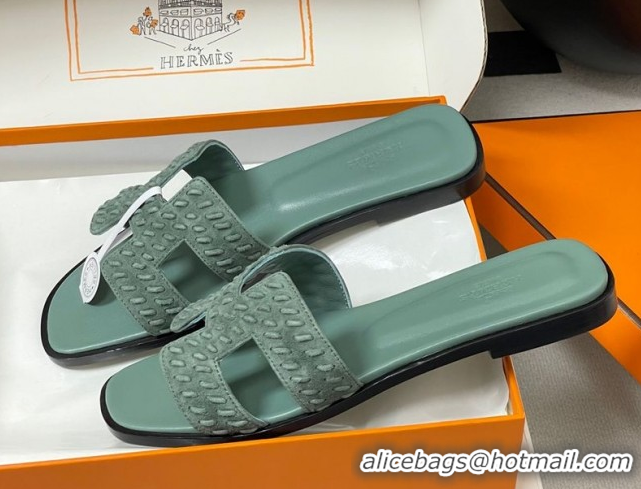 Cheap Price Hermes Classic Oran Flat Slides Sandal in Braided Suede Green 1023101