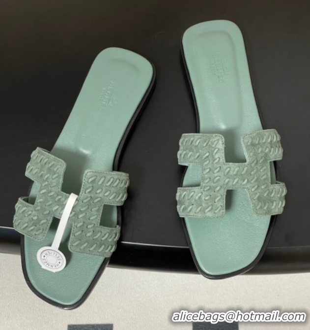 Cheap Price Hermes Classic Oran Flat Slides Sandal in Braided Suede Green 1023101