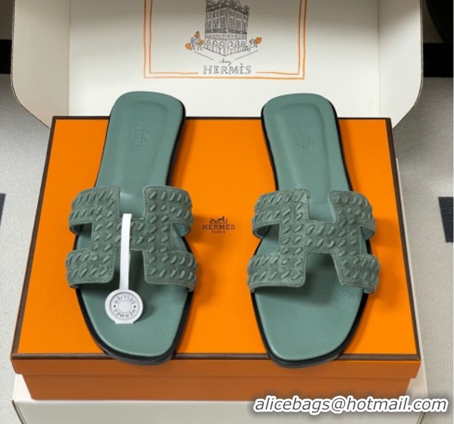 Cheap Price Hermes Classic Oran Flat Slides Sandal in Braided Suede Green 1023101