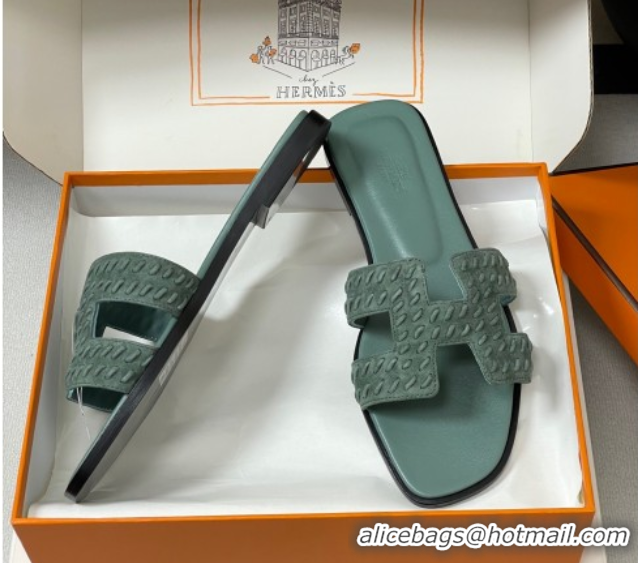 Cheap Price Hermes Classic Oran Flat Slides Sandal in Braided Suede Green 1023101