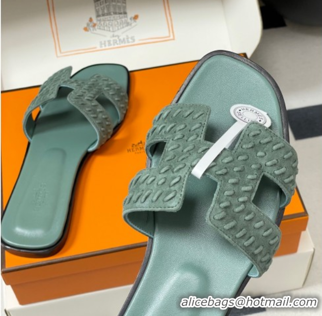 Cheap Price Hermes Classic Oran Flat Slides Sandal in Braided Suede Green 1023101