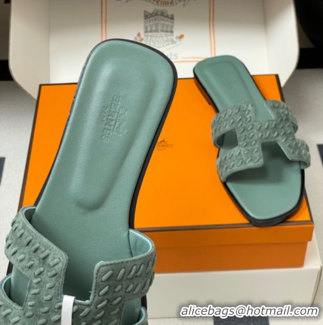 Cheap Price Hermes Classic Oran Flat Slides Sandal in Braided Suede Green 1023101