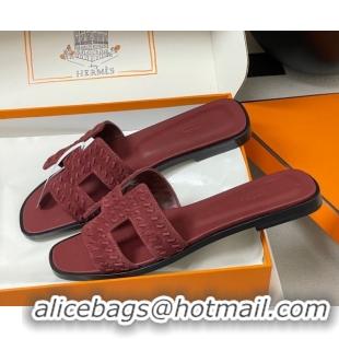 Charming Hermes Classic Oran Flat Slides Sandal in Braided Suede Burgundy 1023102