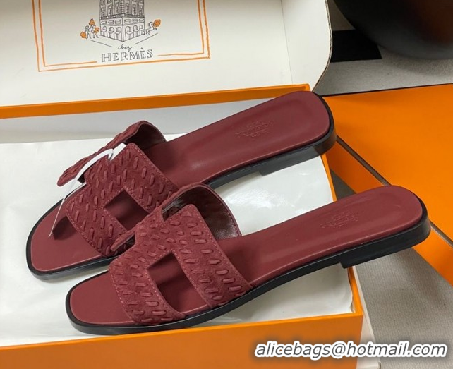 Charming Hermes Classic Oran Flat Slides Sandal in Braided Suede Burgundy 1023102