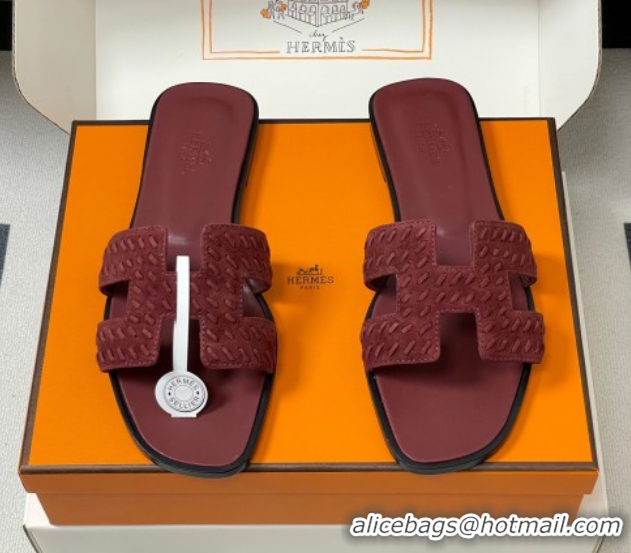 Charming Hermes Classic Oran Flat Slides Sandal in Braided Suede Burgundy 1023102