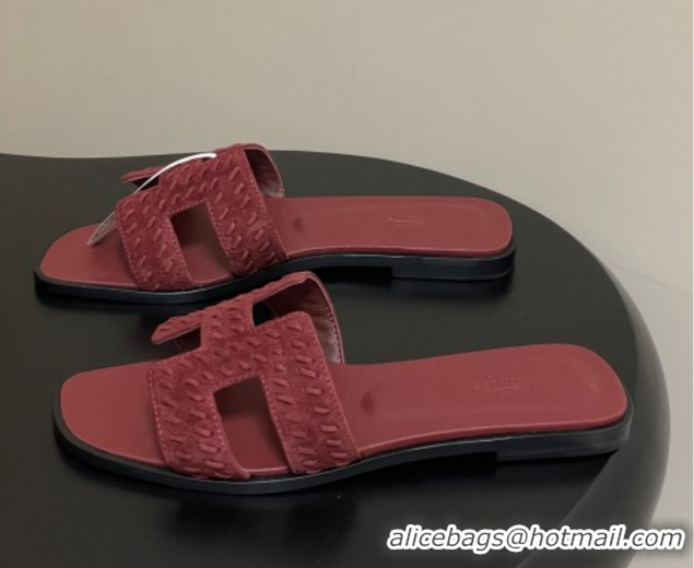 Charming Hermes Classic Oran Flat Slides Sandal in Braided Suede Burgundy 1023102