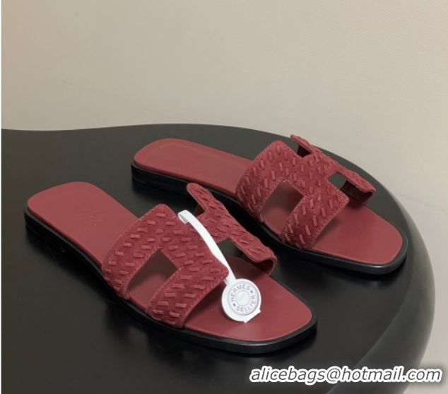 Charming Hermes Classic Oran Flat Slides Sandal in Braided Suede Burgundy 1023102