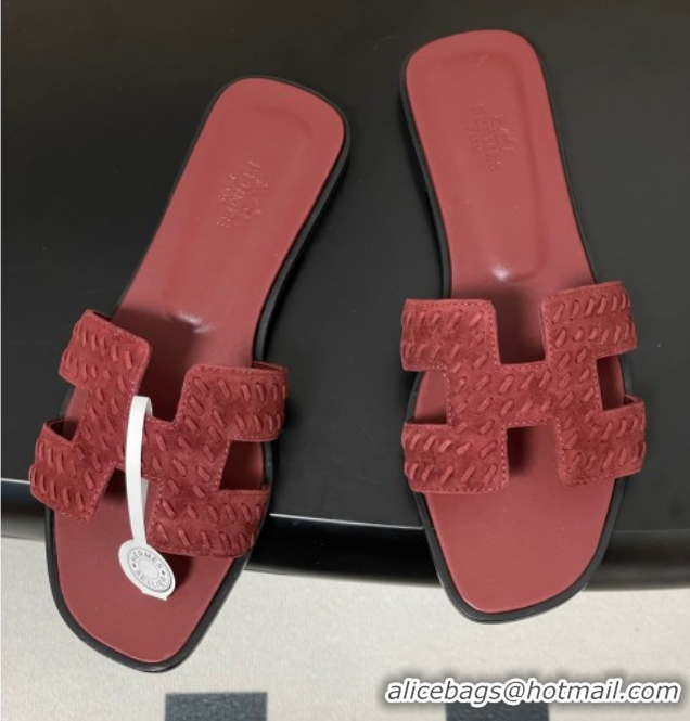 Charming Hermes Classic Oran Flat Slides Sandal in Braided Suede Burgundy 1023102