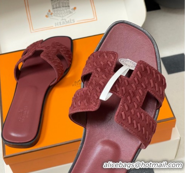 Charming Hermes Classic Oran Flat Slides Sandal in Braided Suede Burgundy 1023102