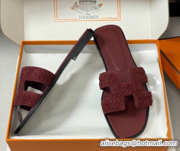 Charming Hermes Classic Oran Flat Slides Sandal in Braided Suede Burgundy 1023102