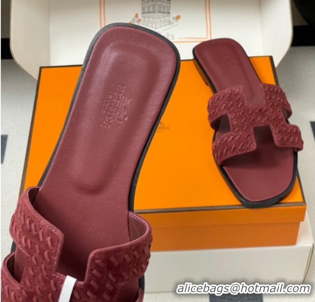 Charming Hermes Classic Oran Flat Slides Sandal in Braided Suede Burgundy 1023102