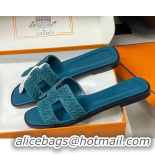 Hot Style Hermes Classic Oran Flat Slides Sandal in Braided Suede Blue 1023103