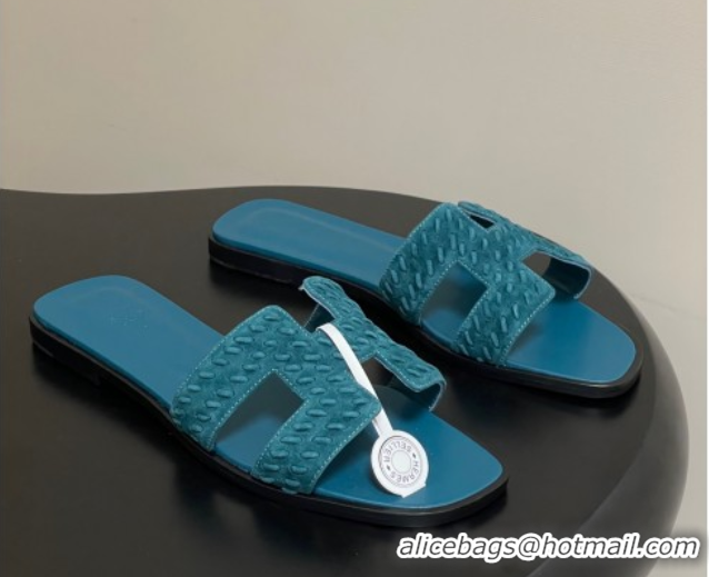 Hot Style Hermes Classic Oran Flat Slides Sandal in Braided Suede Blue 1023103