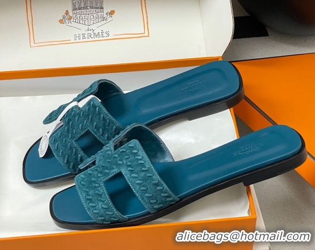 Hot Style Hermes Classic Oran Flat Slides Sandal in Braided Suede Blue 1023103