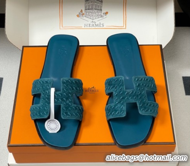 Hot Style Hermes Classic Oran Flat Slides Sandal in Braided Suede Blue 1023103