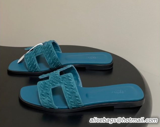 Hot Style Hermes Classic Oran Flat Slides Sandal in Braided Suede Blue 1023103