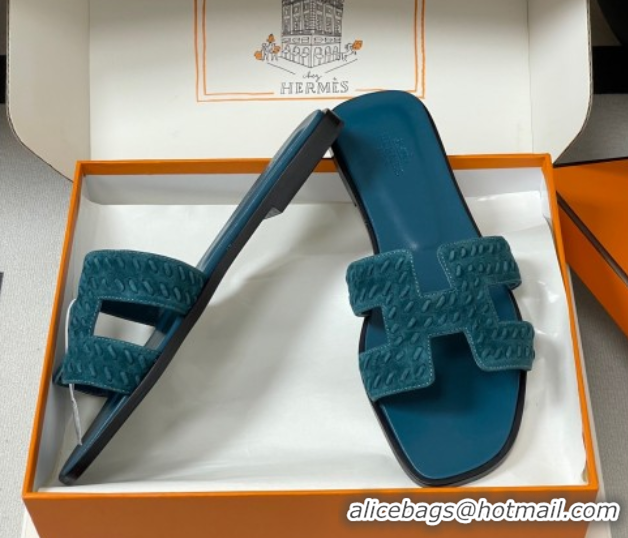 Hot Style Hermes Classic Oran Flat Slides Sandal in Braided Suede Blue 1023103