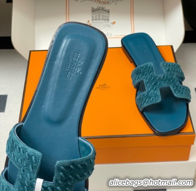 Hot Style Hermes Classic Oran Flat Slides Sandal in Braided Suede Blue 1023103