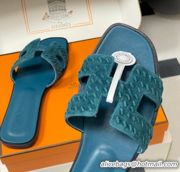 Hot Style Hermes Classic Oran Flat Slides Sandal in Braided Suede Blue 1023103