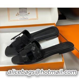 Stylish Hermes Classic Oran Flat Slides Sandal in Suede and Strass Black 1023104