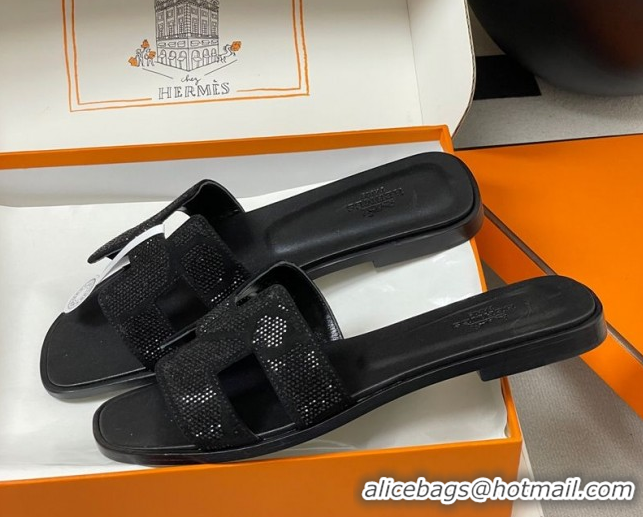 Stylish Hermes Classic Oran Flat Slides Sandal in Suede and Strass Black 1023104
