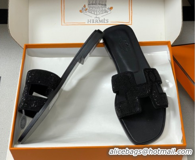 Stylish Hermes Classic Oran Flat Slides Sandal in Suede and Strass Black 1023104