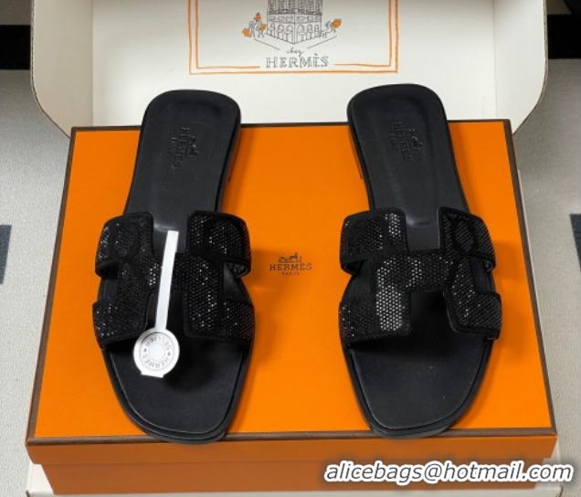 Stylish Hermes Classic Oran Flat Slides Sandal in Suede and Strass Black 1023104
