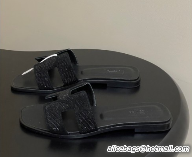 Stylish Hermes Classic Oran Flat Slides Sandal in Suede and Strass Black 1023104