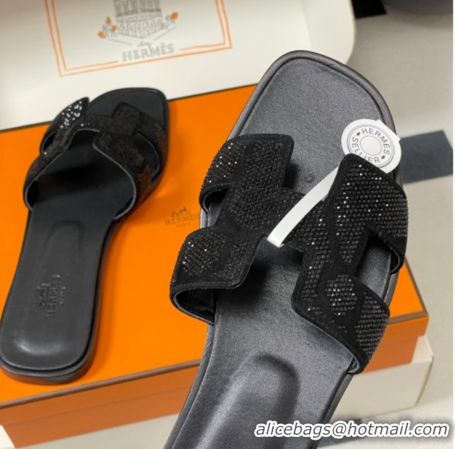Stylish Hermes Classic Oran Flat Slides Sandal in Suede and Strass Black 1023104