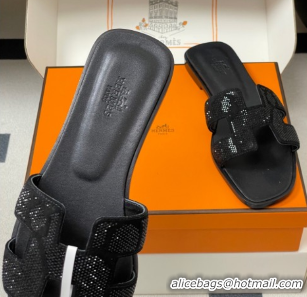 Stylish Hermes Classic Oran Flat Slides Sandal in Suede and Strass Black 1023104