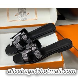1:1 aaaaa Hermes Classic Oran Flat Slides Sandal in Suede and Strass Black/Silver 1023105