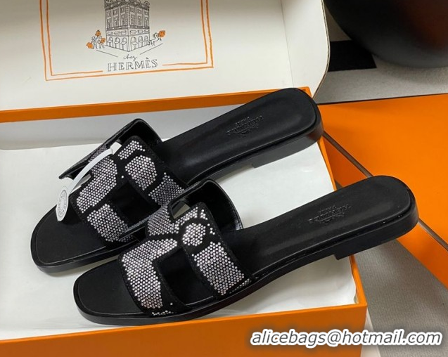 1:1 aaaaa Hermes Classic Oran Flat Slides Sandal in Suede and Strass Black/Silver 1023105