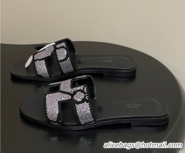 1:1 aaaaa Hermes Classic Oran Flat Slides Sandal in Suede and Strass Black/Silver 1023105