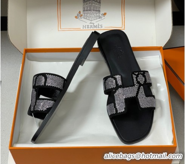 1:1 aaaaa Hermes Classic Oran Flat Slides Sandal in Suede and Strass Black/Silver 1023105