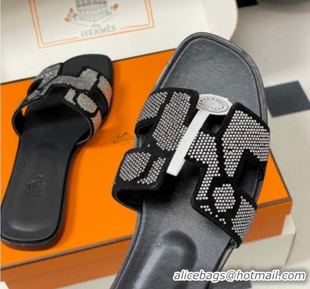 1:1 aaaaa Hermes Classic Oran Flat Slides Sandal in Suede and Strass Black/Silver 1023105