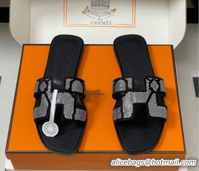 1:1 aaaaa Hermes Classic Oran Flat Slides Sandal in Suede and Strass Black/Silver 1023105