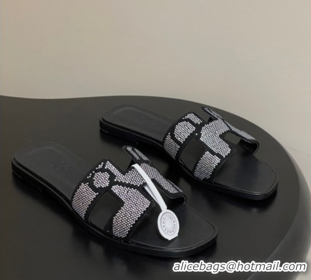 1:1 aaaaa Hermes Classic Oran Flat Slides Sandal in Suede and Strass Black/Silver 1023105