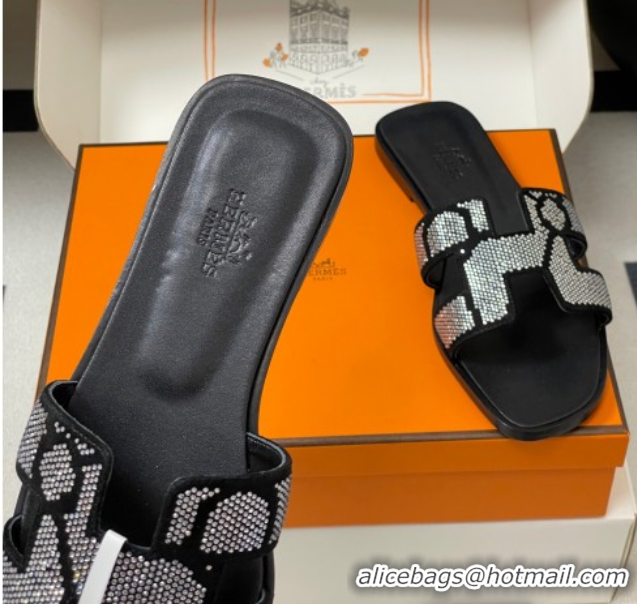 1:1 aaaaa Hermes Classic Oran Flat Slides Sandal in Suede and Strass Black/Silver 1023105