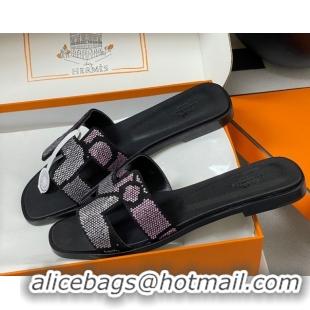 Sophisticated Hermes Classic Oran Flat Slides Sandal in Suede and Strass Black/Pink 1023106