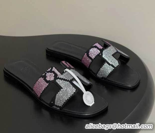 Sophisticated Hermes Classic Oran Flat Slides Sandal in Suede and Strass Black/Pink 1023106