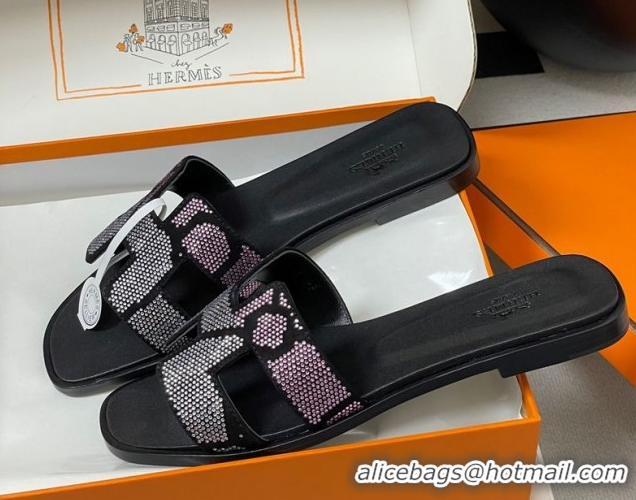 Sophisticated Hermes Classic Oran Flat Slides Sandal in Suede and Strass Black/Pink 1023106
