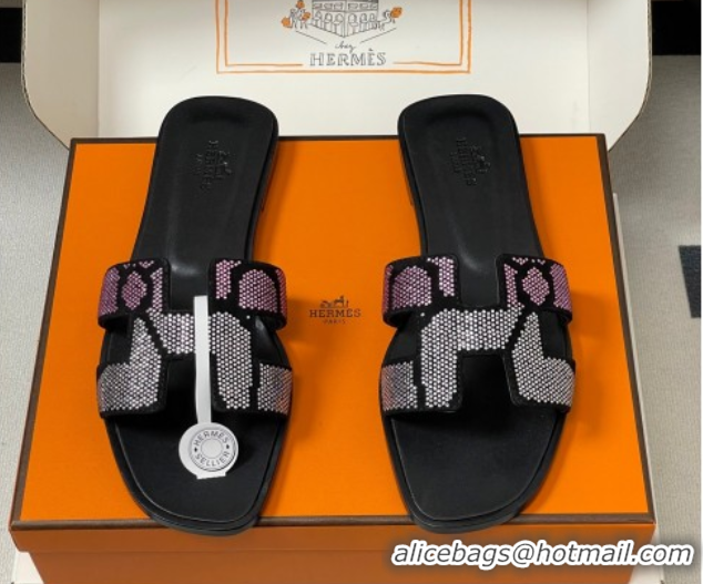 Sophisticated Hermes Classic Oran Flat Slides Sandal in Suede and Strass Black/Pink 1023106