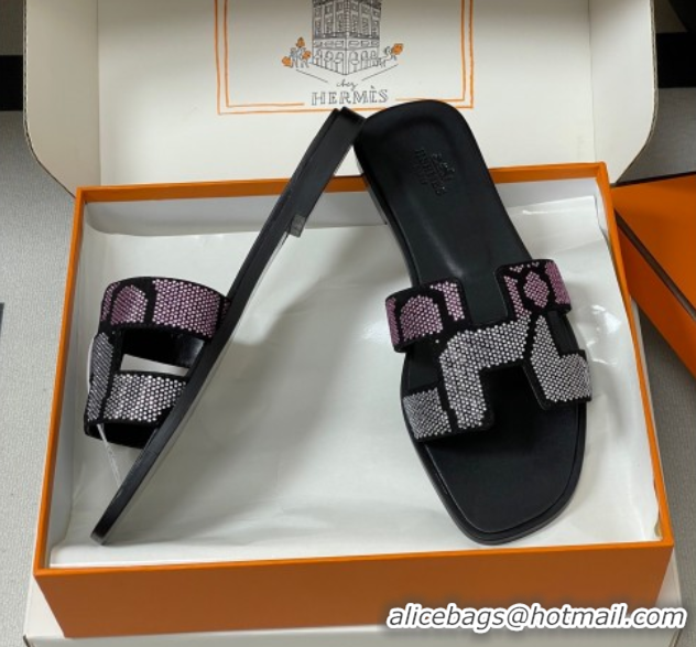 Sophisticated Hermes Classic Oran Flat Slides Sandal in Suede and Strass Black/Pink 1023106