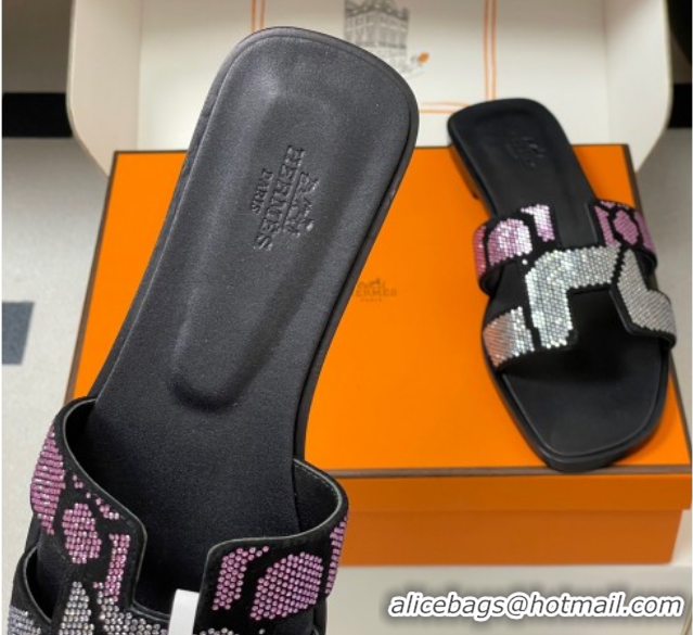 Sophisticated Hermes Classic Oran Flat Slides Sandal in Suede and Strass Black/Pink 1023106