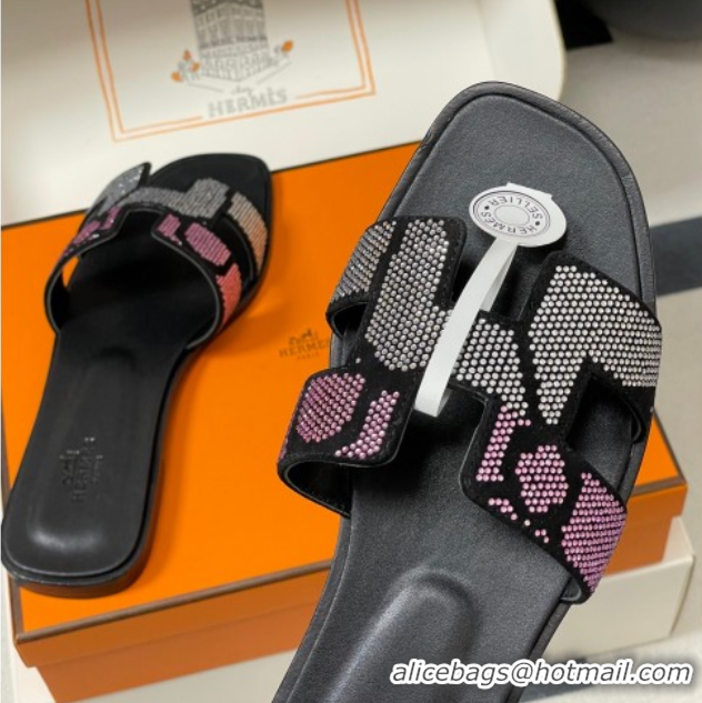 Sophisticated Hermes Classic Oran Flat Slides Sandal in Suede and Strass Black/Pink 1023106