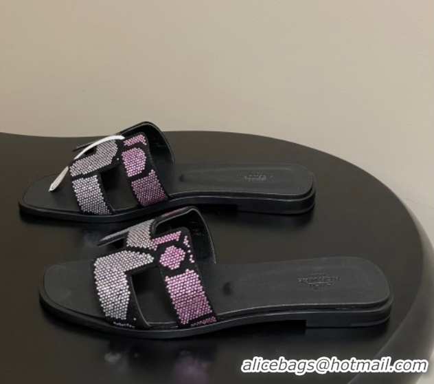 Sophisticated Hermes Classic Oran Flat Slides Sandal in Suede and Strass Black/Pink 1023106