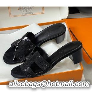 Classic Hot Hermes Classic Oasis Heel Slides Sandal 5cm in Suede and Strass Black 1023107